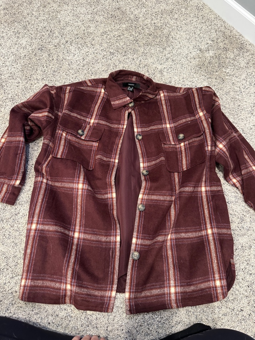 Women’s Maroon Plaid Button-Up Shirt Jacket